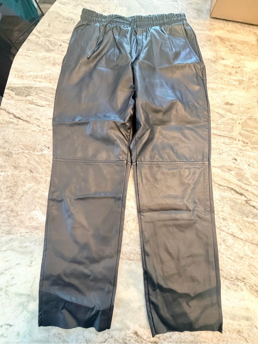 Brooklyn Karma Black Faux Leather Pull On Pants Size Small Drawstring raw hem